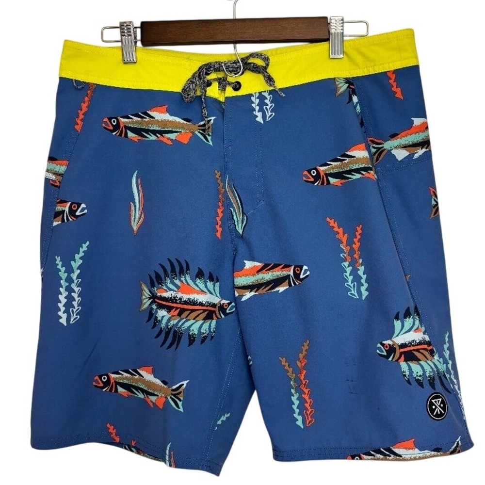 Roark Men's 33 Passage  Board Shorts Bait & Switch Swim Trunks Dark Blue Fish